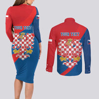 Personalized Coat of Arms of Moravia Couples Matching Long Sleeve Bodycon Dress and Long Sleeve Button Shirt Gold-crowned White Red Checkered Eagle