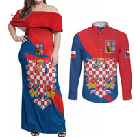 Personalized Coat of Arms of Moravia Couples Matching Off Shoulder Maxi Dress and Long Sleeve Button Shirt Gold-crowned White Red Checkered Eagle