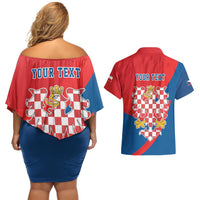 Personalized Coat of Arms of Moravia Couples Matching Off Shoulder Short Dress and Hawaiian Shirt Gold-crowned White Red Checkered Eagle