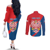 Personalized Coat of Arms of Moravia Couples Matching Off The Shoulder Long Sleeve Dress and Long Sleeve Button Shirt Gold-crowned White Red Checkered Eagle