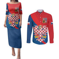 Personalized Coat of Arms of Moravia Couples Matching Puletasi and Long Sleeve Button Shirt Gold-crowned White Red Checkered Eagle