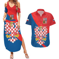 Personalized Coat of Arms of Moravia Couples Matching Summer Maxi Dress and Hawaiian Shirt Gold-crowned White Red Checkered Eagle