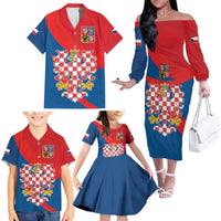 Personalized Coat of Arms of Moravia Family Matching Off The Shoulder Long Sleeve Dress and Hawaiian Shirt Gold-crowned White Red Checkered Eagle