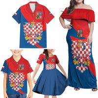 Personalized Coat of Arms of Moravia Family Matching Off Shoulder Maxi Dress and Hawaiian Shirt Gold-crowned White Red Checkered Eagle