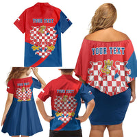 Personalized Coat of Arms of Moravia Family Matching Off Shoulder Short Dress and Hawaiian Shirt Gold-crowned White Red Checkered Eagle