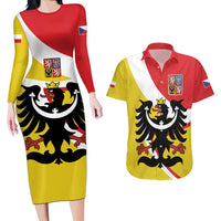 Personalized Coat of Arms of Silesia Couples Matching Long Sleeve Bodycon Dress and Hawaiian Shirt Black Eagle with Silver Crescent