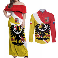 Personalized Coat of Arms of Silesia Couples Matching Off Shoulder Maxi Dress and Long Sleeve Button Shirt Black Eagle with Silver Crescent