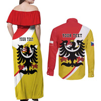 Personalized Coat of Arms of Silesia Couples Matching Off Shoulder Maxi Dress and Long Sleeve Button Shirt Black Eagle with Silver Crescent