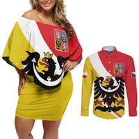 Personalized Coat of Arms of Silesia Couples Matching Off Shoulder Short Dress and Long Sleeve Button Shirt Black Eagle with Silver Crescent
