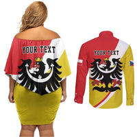 Personalized Coat of Arms of Silesia Couples Matching Off Shoulder Short Dress and Long Sleeve Button Shirt Black Eagle with Silver Crescent