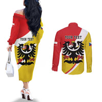 Personalized Coat of Arms of Silesia Couples Matching Off The Shoulder Long Sleeve Dress and Long Sleeve Button Shirt Black Eagle with Silver Crescent