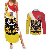 Personalized Coat of Arms of Silesia Couples Matching Summer Maxi Dress and Long Sleeve Button Shirt Black Eagle with Silver Crescent