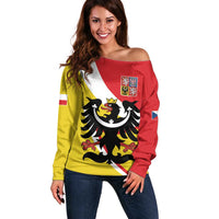 Personalized Coat of Arms of Silesia Off Shoulder Sweater Black Eagle with Silver Crescent LT17 - Wonder Print Shop