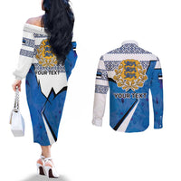 Estonia Coat of arms Personalized Couples Matching Off The Shoulder Long Sleeve Dress and Long Sleeve Button Shirt Eesti riigivapp