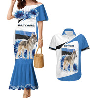 Estonia Grey Wolf and Cornflower Couples Matching Mermaid Dress and Hawaiian Shirt Estonia Flag