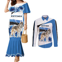 Estonia Grey Wolf and Cornflower Couples Matching Mermaid Dress and Long Sleeve Button Shirt Estonia Flag