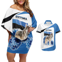 Estonia Grey Wolf and Cornflower Couples Matching Off Shoulder Short Dress and Hawaiian Shirt Estonia Flag