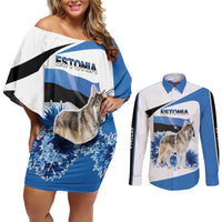 Estonia Grey Wolf and Cornflower Couples Matching Off Shoulder Short Dress and Long Sleeve Button Shirt Estonia Flag