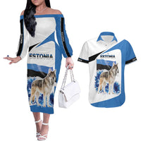 Estonia Grey Wolf and Cornflower Couples Matching Off The Shoulder Long Sleeve Dress and Hawaiian Shirt Estonia Flag