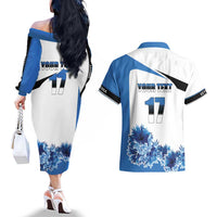 Estonia Grey Wolf and Cornflower Couples Matching Off The Shoulder Long Sleeve Dress and Hawaiian Shirt Estonia Flag