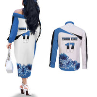 Estonia Grey Wolf and Cornflower Couples Matching Off The Shoulder Long Sleeve Dress and Long Sleeve Button Shirt Estonia Flag