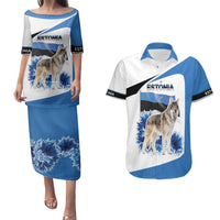 Estonia Grey Wolf and Cornflower Couples Matching Puletasi and Hawaiian Shirt Estonia Flag