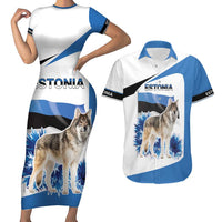 Estonia Grey Wolf and Cornflower Couples Matching Short Sleeve Bodycon Dress and Hawaiian Shirt Estonia Flag