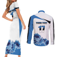 Estonia Grey Wolf and Cornflower Couples Matching Short Sleeve Bodycon Dress and Long Sleeve Button Shirt Estonia Flag