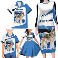 Estonia Grey Wolf and Cornflower Family Matching Long Sleeve Bodycon Dress and Hawaiian Shirt Estonia Flag