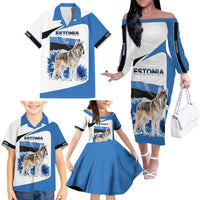 Estonia Grey Wolf and Cornflower Family Matching Off The Shoulder Long Sleeve Dress and Hawaiian Shirt Estonia Flag