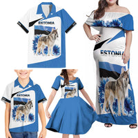 Estonia Grey Wolf and Cornflower Family Matching Off Shoulder Maxi Dress and Hawaiian Shirt Estonia Flag