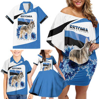 Estonia Grey Wolf and Cornflower Family Matching Off Shoulder Short Dress and Hawaiian Shirt Estonia Flag