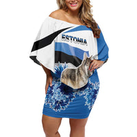 Estonia Grey Wolf and Cornflower Family Matching Off Shoulder Short Dress and Hawaiian Shirt Estonia Flag