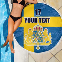 Custom Sweden Flag and Coat of arms Beach Blanket Three Crowns of Sweden