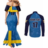 Custom Sweden Flag and Coat of arms Couples Matching Mermaid Dress and Long Sleeve Button Shirt Three Crowns of Sweden