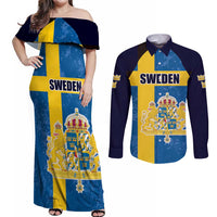 Custom Sweden Flag and Coat of arms Couples Matching Off Shoulder Maxi Dress and Long Sleeve Button Shirt Three Crowns of Sweden