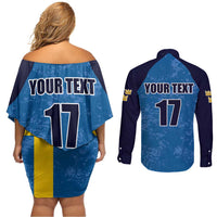Custom Sweden Flag and Coat of arms Couples Matching Off Shoulder Short Dress and Long Sleeve Button Shirt Three Crowns of Sweden