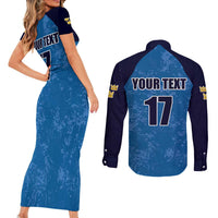 Custom Sweden Flag and Coat of arms Couples Matching Short Sleeve Bodycon Dress and Long Sleeve Button Shirt Three Crowns of Sweden