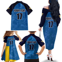 Custom Sweden Flag and Coat of arms Family Matching Off The Shoulder Long Sleeve Dress and Hawaiian Shirt Three Crowns of Sweden