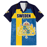 Custom Sweden Flag and Coat of arms Family Matching Off The Shoulder Long Sleeve Dress and Hawaiian Shirt Three Crowns of Sweden