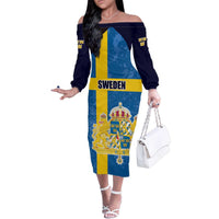 Custom Sweden Flag and Coat of arms Family Matching Off The Shoulder Long Sleeve Dress and Hawaiian Shirt Three Crowns of Sweden