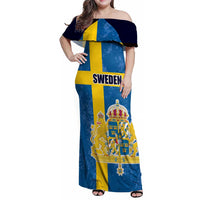 Custom Sweden Flag and Coat of arms Family Matching Off Shoulder Maxi Dress and Hawaiian Shirt Three Crowns of Sweden