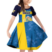 Custom Sweden Flag and Coat of arms Family Matching Off Shoulder Short Dress and Hawaiian Shirt Three Crowns of Sweden