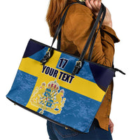 Custom Sweden Flag and Coat of arms Leather Tote Bag Three Crowns of Sweden