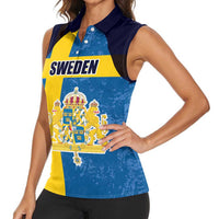 Custom Sweden Flag and Coat of arms Women Sleeveless Polo Shirt Three Crowns of Sweden