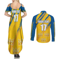 Custom Sweden Football Couples Matching Summer Maxi Dress and Long Sleeve Button Shirt Sporty Style