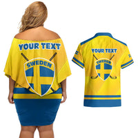 Personalized Sweden Ice Hockey Couples Matching Off Shoulder Short Dress and Hawaiian Shirt Sporty Style