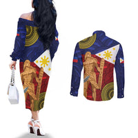 Philippines National Flag Day 28 May Couples Matching Off The Shoulder Long Sleeve Dress and Long Sleeve Button Shirt Lapu-Lapu King