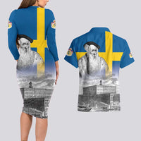 Sweden Sveriges Nationaldag Couples Matching Long Sleeve Bodycon Dress and Hawaiian Shirt King Gustav Vasa with Stockholm Slott