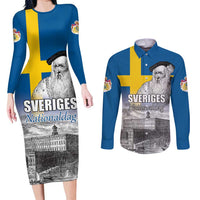 Sweden Sveriges Nationaldag Couples Matching Long Sleeve Bodycon Dress and Long Sleeve Button Shirt King Gustav Vasa with Stockholm Slott